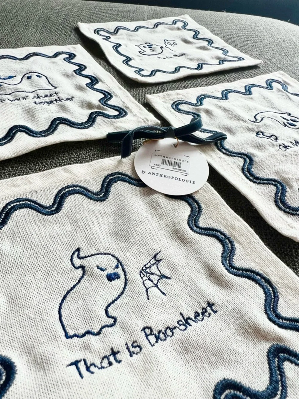 Anthropologie Halloween ghost boo cocktail party napkins 100% cotton - set of 4